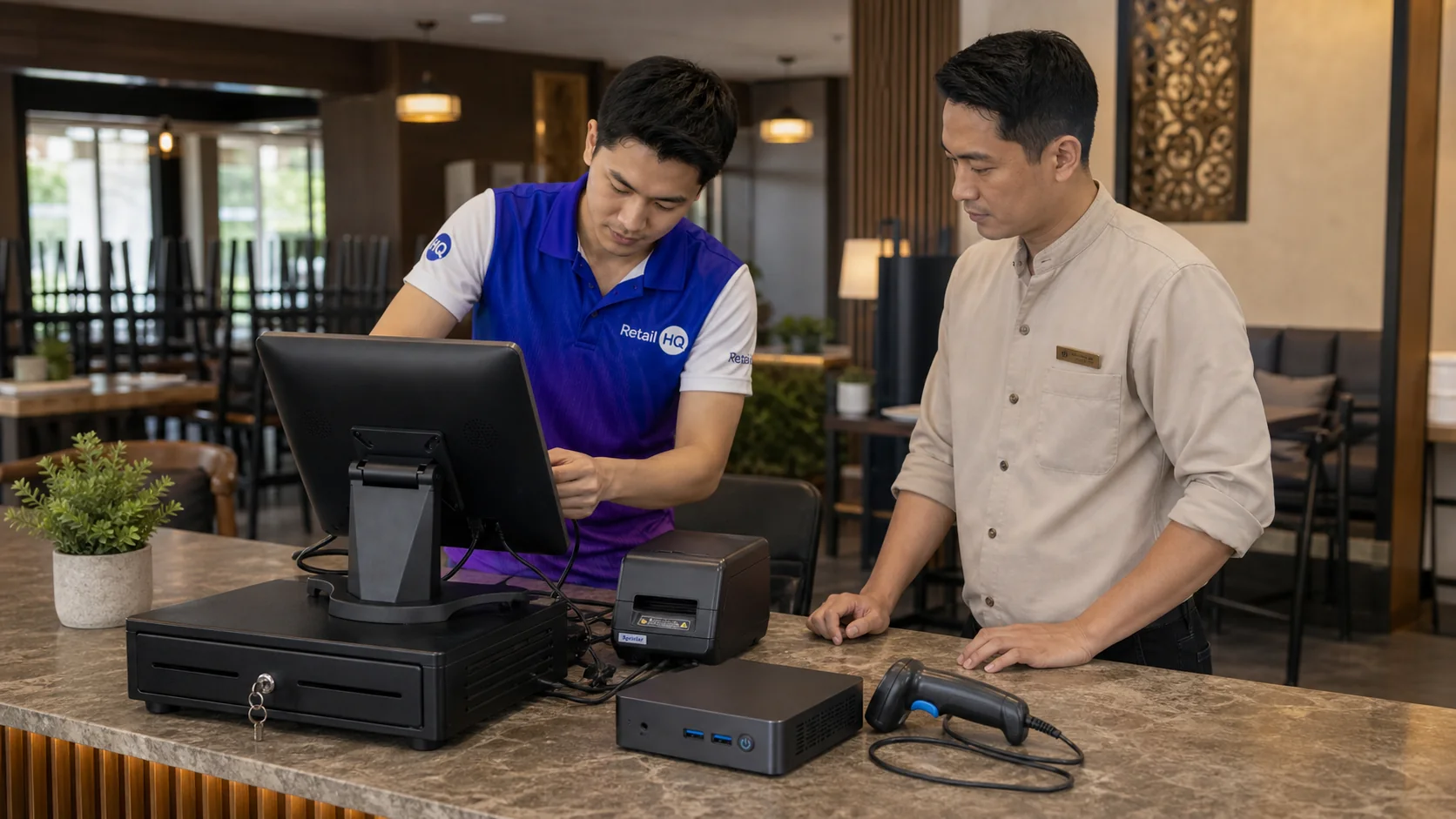 Hotel POS hardware implementation at a service counter